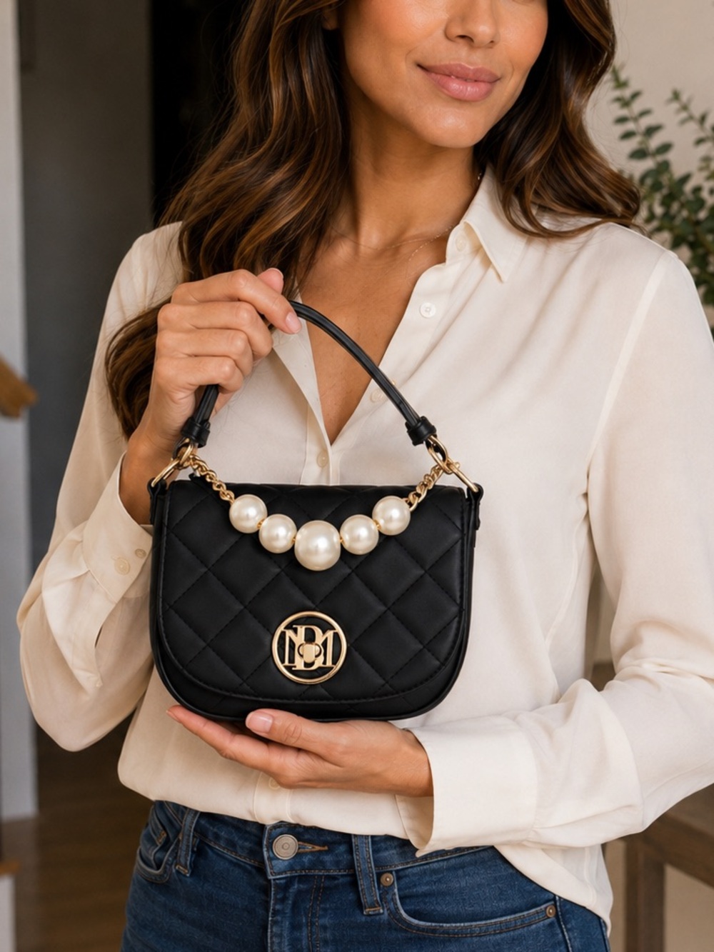 NWT Badgley Mischka Black Quilted Pearl Handle Crossbody Bag